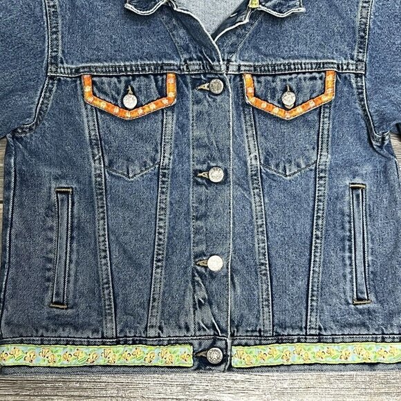 Old Navy Y2K Denim Jean Jacket Girls Size 12 Medium Embroidery Flowers 2000 Vtg - Picture 4 of 16